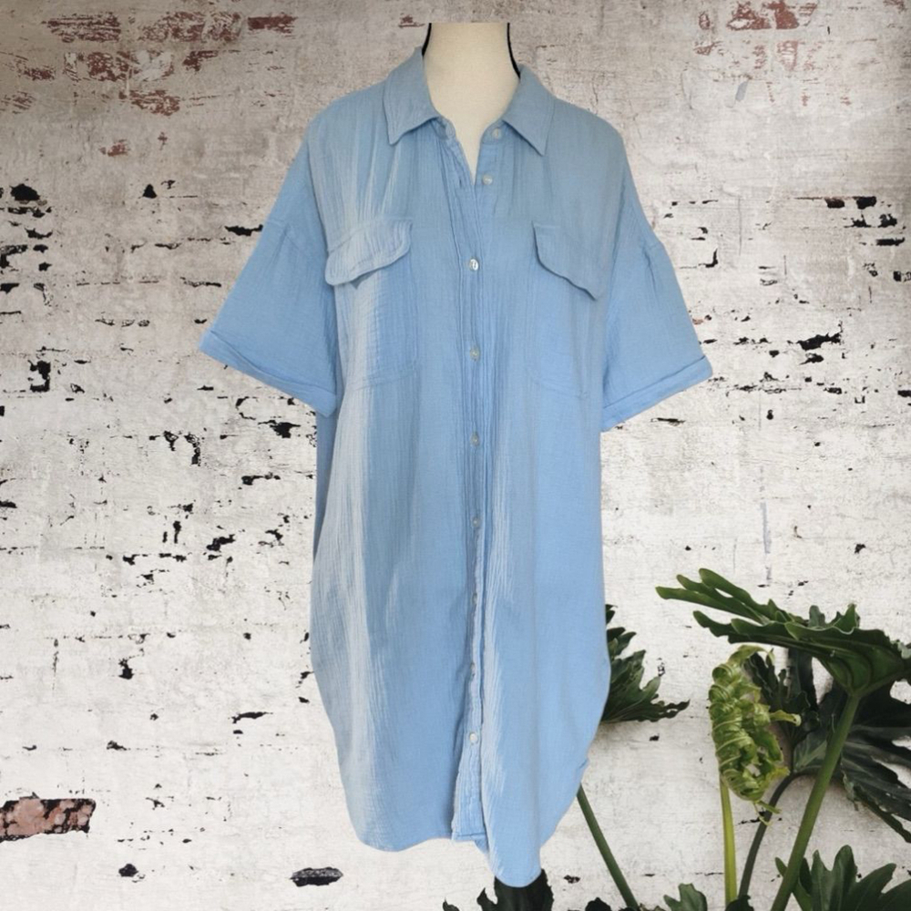 Core Life Blue cotton gauze Button Down shirt Dress Size XL